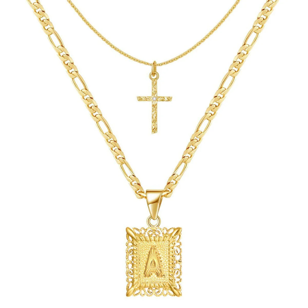 Set de 2 Collares de Inicial y Cruz en Oro de 14k