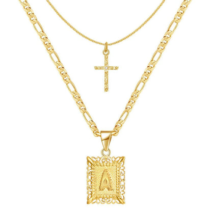 Set de 2 Collares de Inicial y Cruz en Oro de 14k